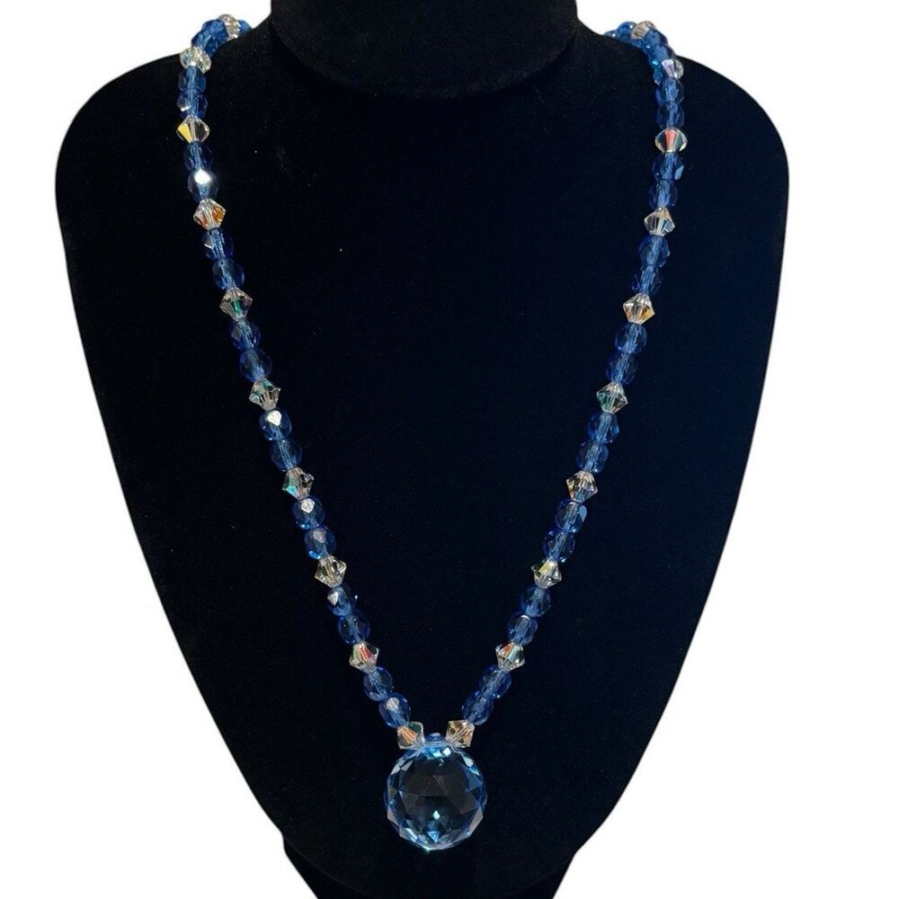 Vintage Sapphire Blue & Clear AB Faceted Crystal Bead Necklace Orb Pendant 20”